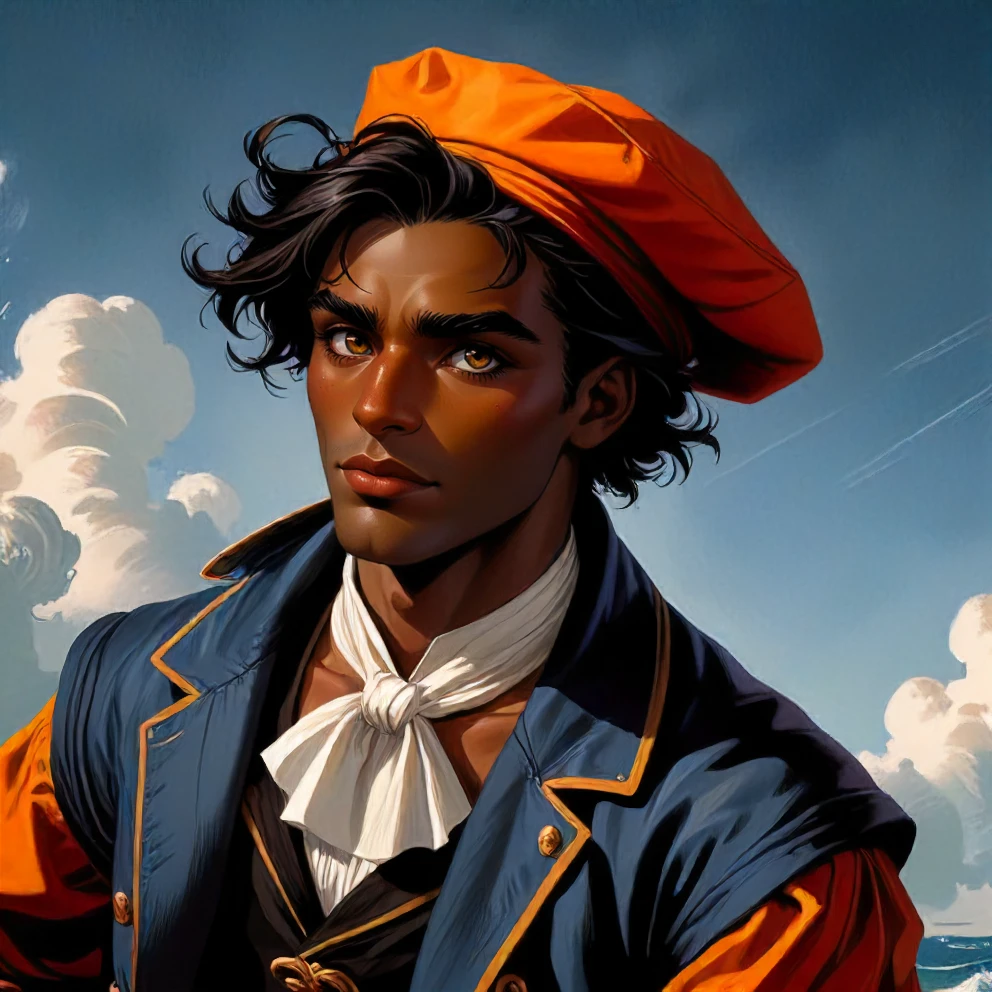 digital painting, dark-skinned male, 16th-century-sailor, fantasy, woolen-cap, portrait, canvas-pants, jerkin, doublet, , medium shot, fixl-art , barnum-melancholy, <lora:npcportrait_v2:1> npcp