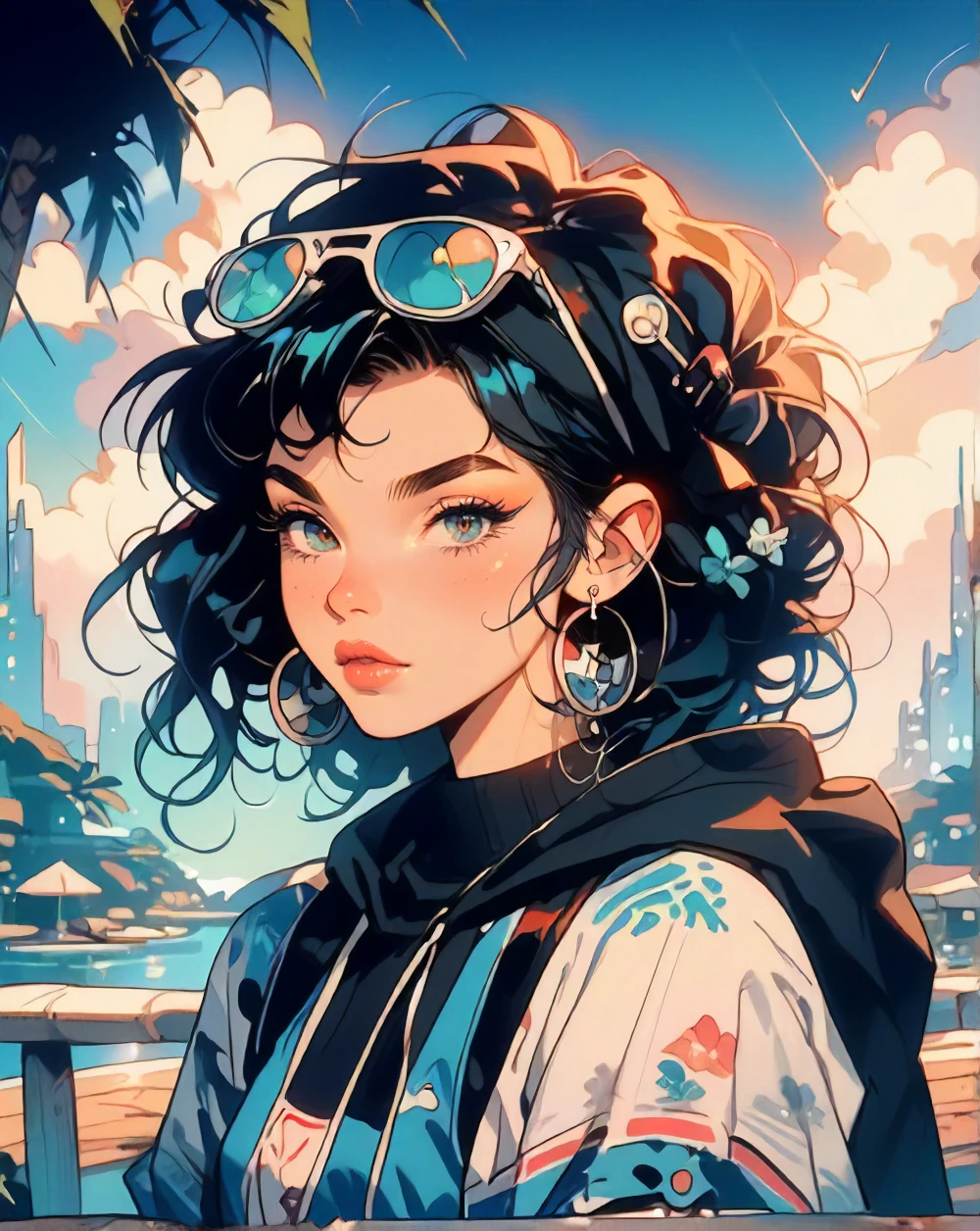 source_anime, score_9, score_8_up, score_7_up, anime style, rating_explicit, 1girl BREAK <lora:C7b3rp0nkStylePony:0.7> C7b3rp0nkStyle, infra bright color:sienna hair, Sugar and Spice Curls, slim, athletic figure, narrow waist, small breasts, caucasian, morning, blue sky, clouds, BREAK neon palette, scenery, <lora:OldAnimeStyle_XL_v3:0.6> Vintage, 1990s \(style\) zPDXLxxx barnum-melancholy, <lora:EnvyPonyPrettyEyes01:1> close-up,