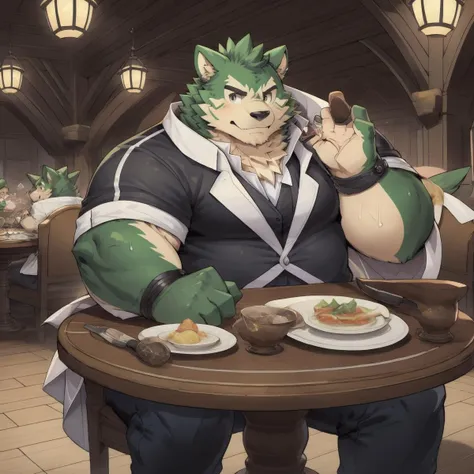 masterpiece, best quality, mokdai, 1boy, anthro, black eyebrows, black eyes, green fur, cream face, thick arms, looking at viewer, solo, fantasy RPG indoor(restaurant), ((full body)), (sweaty:1.2), detailed fantasy RPG in background, highly detailed, anime style, sharp shadows, shaded, digital flat colors, soft lighting, (masterpiece:1.3),(best quality:1.4), (extreme detailed illustration), good anatomy, (by lindong, null-ghost), (detailed RPG CG), (thick thighs:1.2), fully clothed, (detailed face:1.2), (wearing formal attire:1.5), full body, sitting at table, detailed eyes, vibrant, ((full body)). <lora:111656:0.8> <lora:mokdaiv1xy.safetensors:1>