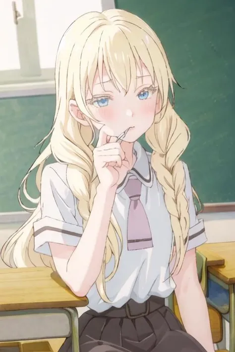 best quality, masterpiece, highres, solo, {olivia_asobiasobase:1.15}, blonde_hair, long_hair, blue_eyes, necktie, indoors, 2girls, black_hair, multiple_girls, school_uniform, classroom, desk, school_desk
