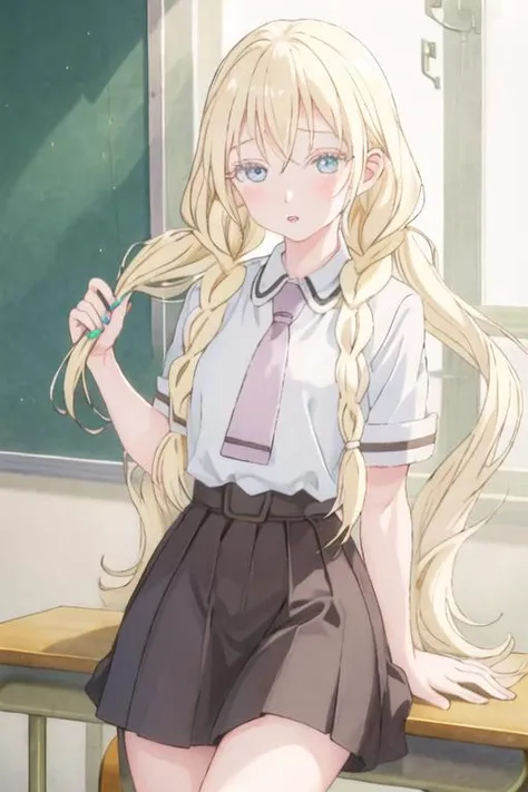 best quality, masterpiece, highres, solo, {olivia_asobiasobase:1.15}, blonde_hair, long_hair, blue_eyes, necktie, indoors, 1girl, bangs, braid, collared_shirt, hair_between_eyes, hair_over_shoulder, school_uniform, shirt, twin_braids, upper_body, white_shirt, colored_eyelashes, looking_at_viewer, parted_lips, twintails, short_sleeves