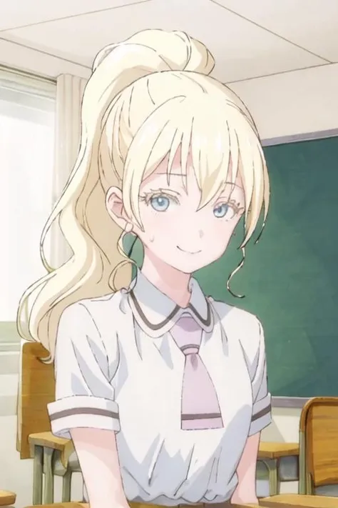 best quality, masterpiece, highres, solo, {olivia_asobiasobase:1.15}, blonde_hair, long_hair, blue_eyes, necktie, indoors, 1girl, bangs, chair, closed_mouth, collared_shirt, school_uniform, shirt, short_sleeves, sitting, upper_body, white_shirt, classroom, desk, window, school_desk, curtains, hair_between_eyes, looking_at_viewer, ponytail, smile, sweatdrop, wing_collar