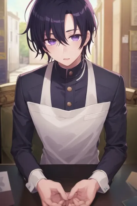 masterpiece, best quality, ultra-detailed, illustration, 1boy, solo, male focus, looking at viewer, , depth of field, <lora:nicol_ascart:0.76>, nicol_ascart, purple eyes, black hair, gakuran