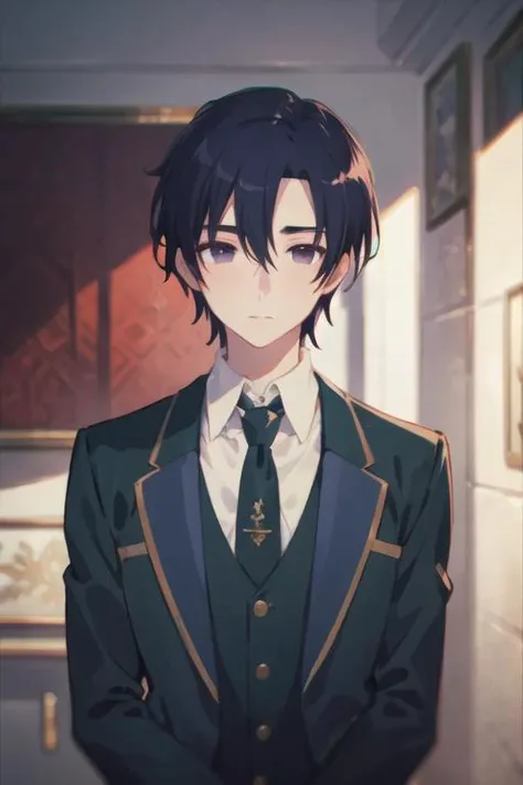 masterpiece, best quality, ultra-detailed, illustration, 1boy, solo, male focus, looking at viewer, , depth of field, <lora:nicol_ascart:0.72>, nicol_ascart, , formal, necktie, dress shirt