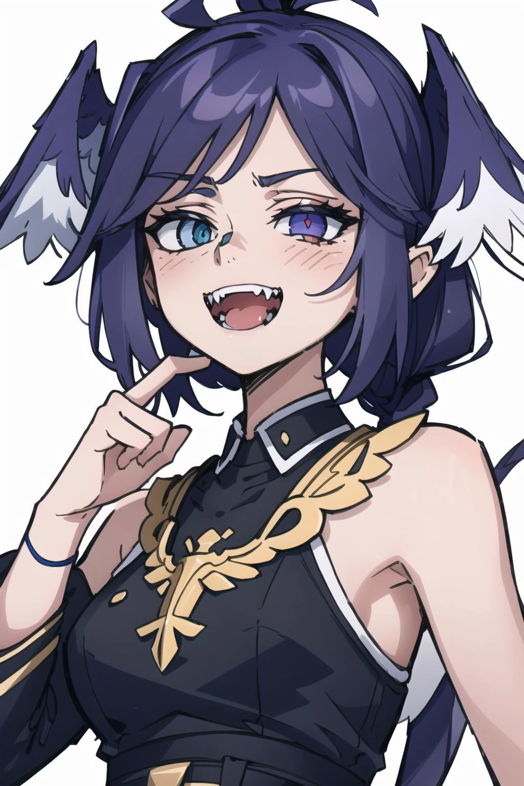 best quality, intricate details,
<lora:selenTatsuki_v10:0.8> selen, heterochromia, different color eyes,
<lora:johnnyNumbnutzAI_v20:0.8> johnny_numbnutz,
<lora:fangInspectionDay_v11:0.8> fangs, open mouth, teeth,