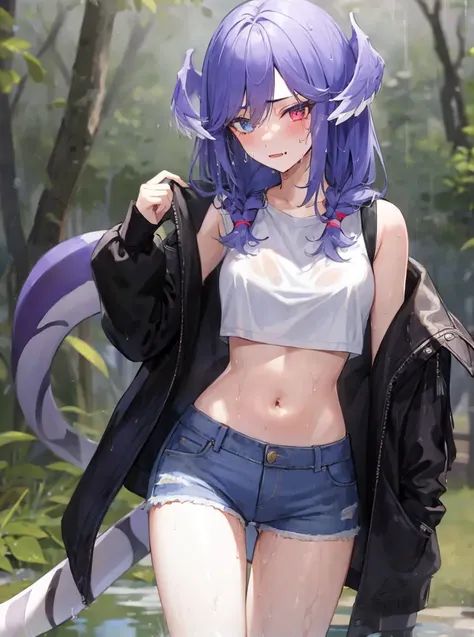 masterpiece, detailed, high quality, (absurdres), high sharpness, high resolution, selen, 1girl, solo, blush, medium breasts, (skin fang), curvy, wide hips, groin, navel, stomach, cameltoe, open jacket, black crop top, denim shorts, (sweat:1.3, wet:1.3, wet hair:1.3), park,