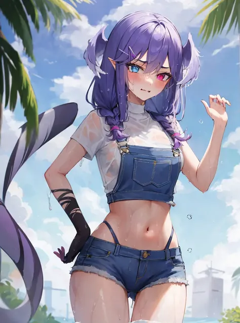 masterpiece, detailed, high quality, (absurdres), high sharpness, high resolution, selen, 1girl, solo, blush, medium breasts, skin fang, curvy, wide hips, groin, navel, stomach, cameltoe, overalls, (sweat:1.3, wet:1.3, wet hair:1.3), park,