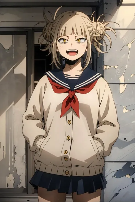 himikotoganova, (1girl, solo), (perfect eyes), blonde hair, double bun, messy hair, bangs, yellow eyes, serafuku, bags under eyes, smile, open mouth, blue skirt, long sleeves, looking at viewer, hands in pockets, red neckerchief, <lora:himikotoganova-10:1> <lyco:GoodHands-beta2:1.0>