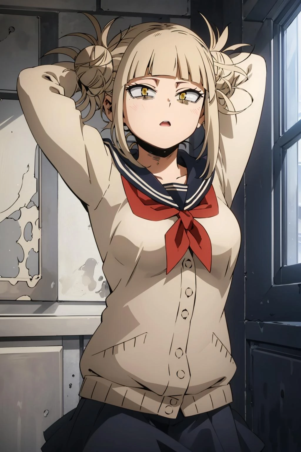 himikotoganova, (1girl, solo), blonde hair, double bun, messy hair, bangs, (perfect eyes, yellow eyes), serafuku, bags under eyes, (close mouth), blue skirt, long sleeves, red neckerchief, breasts, arms behind head, looking at viewer, <lora:himikotoganova-10:1> <lyco:GoodHands-beta2:1.0>