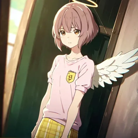 Nishimiya,1girl,solo, angry,upper body,illustration,heaven background,halo, angel wings, serene expression, looking at viewer short hair,brown hair,brown eyes,pink shirt,short sleeves,yellow skirt,best quality, collarbone, ((cinematic light)), colorful, hyper detail, dramatic light, intricate details, best quality, (wallpaper,, best quality, ultra-detailed, best shadow), (detailed background:1.4), (beautiful detailed face, beautiful detailed eyes), high contrast, (best illumination, an extremely delicate and beautiful),(girl:1.5), one side up, (caustic)), dynamic angle,beautiful detailed glow, cowboy shot, (illustration:1.1), (perfect details:1.1), landscape, background, rose, abstract, <lora:ShoukoNishimiya :0.8>