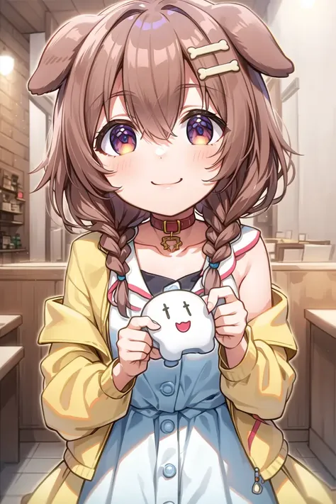 masterpiece, best quality, solo, (detailed eyes:0.9), (detailed lighting, depth of field:0.9), korone, (chibi:1.1), yellow jacket, white dress, bone hair ornament, cafe, smile, 

 <lora:Korone_v2:0.6>