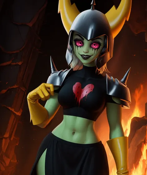 lorddom,pink eyes,red sclera,black lips,green skin,white hair,no nose,
helmet with yellow horns,black shirt with heart,midriff,shoulder armor,yellow gloves,pelvic curtain,
smile,standing,cowboy shot,
underworld,volcano,
(insanely detailed, beautiful detailed face,beautiful detailed eyes, masterpiece, best quality),
cinematic_angle,<lora:LD:0.8>,