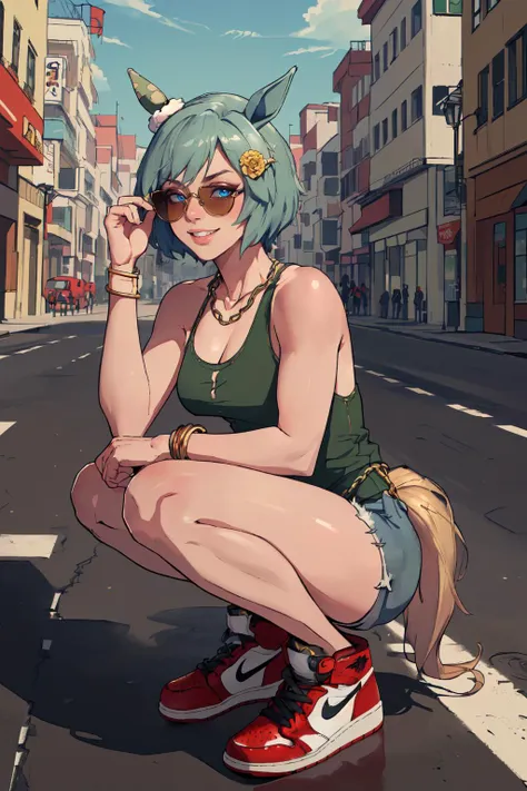 (masterpiece,best quality,absurdres,beautiful,intricate,4k,detailed,aesthetic),outside,street,solo,1girl,squatting,air_jordan_1,red footwear,seiunsky,hairclip, hair flower, horse ears, horse tail,tank top,shorts,sunglasses,gold chain,jewelry  <lora:umamusume_seiunsky:0.8>  <lora:air_jordan_1:0.8>