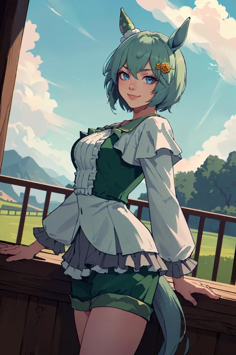 (masterpiece,best quality,absurdres,beautiful,intricate,4k,detailed,aesthetic),cinematic angle,1girl,seiunsky,hairclip, hair flower, horse ears, horse tail,frills, shirt, long sleeves, green shorts,slight smile  <lora:umamusume_seiunsky:0.8>