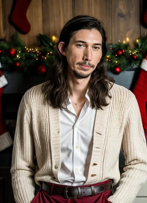 RAW photo of adamdriver-ti, natural lighting, 8k uhd, dslr, high quality, film grain, Fujifilm XT3, <lora:add_detail:0.7> by Dominique Issermann, (christmas clothing), masculine