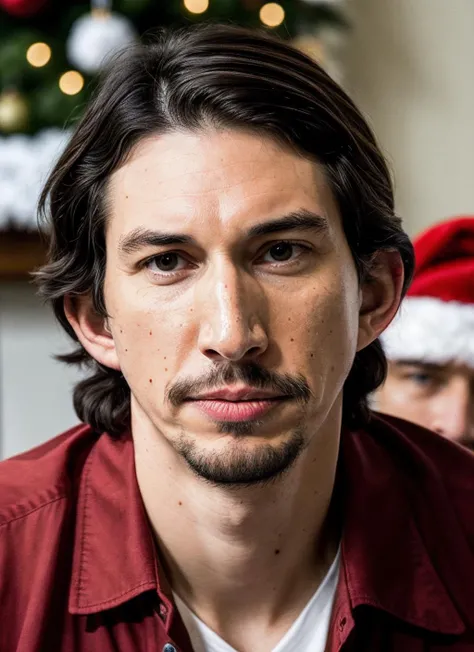 RAW photo of adamdriver-ti, natural lighting, 8k uhd, dslr, high quality, film grain, Fujifilm XT3, <lora:add_detail:0.7> by Dorothea Lange, (christmas clothing), masculine