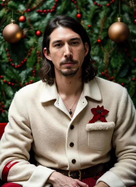 RAW photo of adamdriver-ti, natural lighting, 8k uhd, dslr, high quality, film grain, Fujifilm XT3, <lora:add_detail:0.7> by Tim Walker, (christmas clothing), masculine
