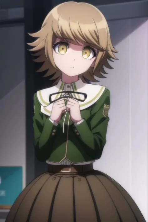 chihirofujisaki, <lora:chihiro fujisaki s1-lora-nochekaiser:1>,
chihiro fujisaki, short hair, bangs, brown hair, (brown eyes:1.3), male focus, otoko no ko,
BREAK skirt, shirt, long sleeves, ribbon, school uniform, jacket, pleated skirt, black ribbon, neck ribbon, brown skirt, green jacket,
BREAK outdoors, classroom,
BREAK looking at viewer, (cowboy shot:1.5),
BREAK <lyco:GoodHands-beta2:1>, (masterpiece:1.2), best quality, high resolution, unity 8k wallpaper, (illustration:0.8), (beautiful detailed eyes:1.6), extremely detailed face, perfect lighting, extremely detailed CG, (perfect hands, perfect anatomy),