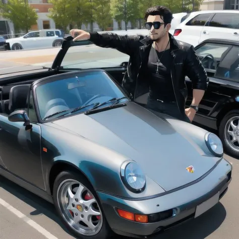 a man in a black tee and sunglasses driving a porsche cabriolet car <lora:porsche964Cabriolet_e4:1>