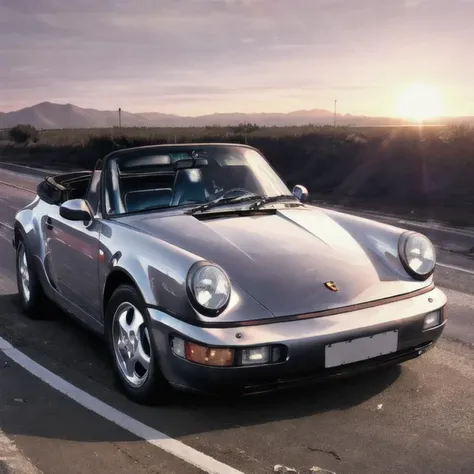 a photo of a dusty abandoned black porsche964 cabriolet car angled view on a highway in California, one headlight smashed, at sunset, global illumination, volumetric lighting, highly detailed, insanely detailed, absurdres, best quality <lora:porsche964Cabriolet_e4:1>