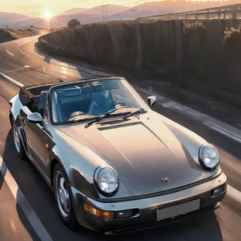 a photo of a black porsche964 cabriolet car angled view with pilot racing down the highway in California, at sunset, global illumination, volumetric lighting, highly detailed, insanely detailed, absurdres, best quality <lora:porsche964Cabriolet_e4:1>