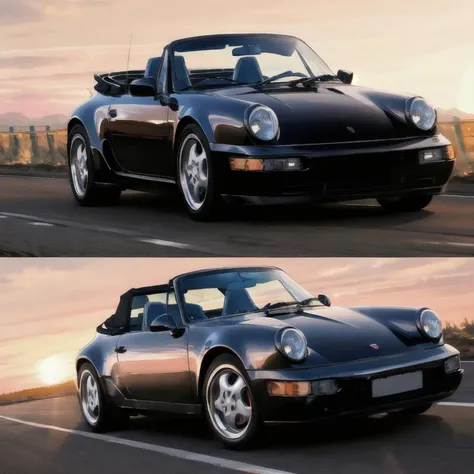 a photo of a black porsche964 cabriolet car angled view with pilot racing down the highway in California, at sunset, global illumination, volumetric lighting, highly detailed, insanely detailed, absurdres, best quality <lora:porsche964Cabriolet_e4:1>