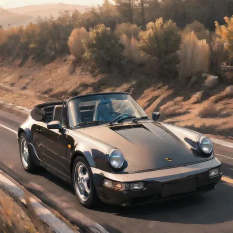 a photo of a black porsche964 cabriolet car angled view racing down the highway in California, global illumination, volumetric lighting, highly detailed, insanely detailed, absurdres, best quality <lora:porsche964Cabriolet_e4:1>