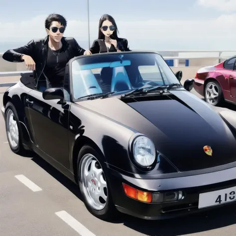 a man in a black tee and sunglasses driving a porsche cabriolet car <lora:porsche964Cabriolet_e4:1>