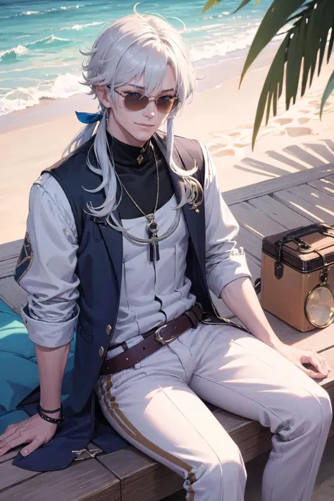 (highly detailed:1.3),
(1boy:1.1), solo, (male focus:1.1), smirk, (beach:1.2),
<lora:wrench_genshin_style_male:1>, wrench_genshin_style, very long hair, blue eyes, sitting, sunglasses, white hair, mature male,
Ultra-detail, (highres:1.1), best quality, (masterpiece:1.3), cinematic lighting,