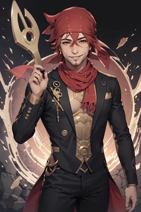 masterpiece, best quality, wrench_genshin_style, <lora:Outfit_GeshinStyled2:1>, Ricardo, red bandana on the head, <lora:Char_Sigmas_RicardoMilos:0.9>, golden embroidery, black suit, suit, facial hair, smile,