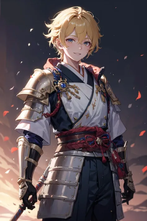 (highly detailed:1.3),
(1boy:1.1), solo, (male focus:1.1), light smile,
<lora:wrench_genshin_style_male:0.6>, wrench_genshin_style, (japanese armor:1.2),
Ultra-detail, (highres:1.1), best quality, (masterpiece:1.3), cinematic lighting,