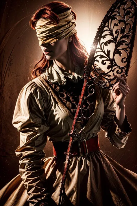 (masterpiece, best quality:1.3)
<lora:add_detail:0.7> <lora:epi_noiseoffset2:1> <lora:NurseDBD:0.8>
NurseDBD, 1girl, solo, long hair, open mouth, holding, upper body, weapon, red hair, sword, holding weapon, armor, blindfold, sepia, realistic, horror \(theme\), oil