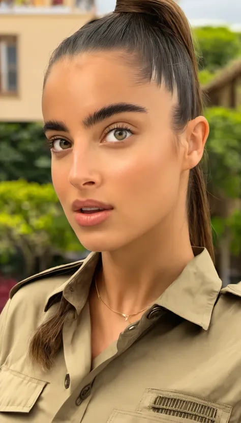 noa kirel face focus, wearing safari shirt dress looking belted pocketed adventure-ready, closeup, centered, facing viewer,  [cartoon, vector art, anime :realistic, real life, hyper realistic:0.15],
front ponytail, surveillance footage, complex,
masterpiece, beautiful, young, professional, photo, high quality, highres <lora:noa_kirel_sdxl_1.0:1>