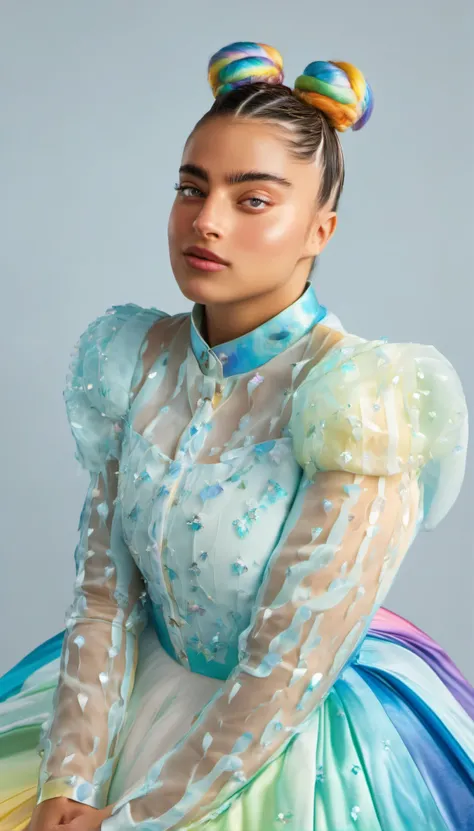 noa kirel , wearing frostbite fable frock looking icy motifs storytelling, closeup, centered, facing viewer, realistic, real life, hyper realistic,
double bun, rainbow,
masterpiece, beautiful, young, professional, photo, high quality, highres <lora:noa_kirel_sdxl_1.0:1.5>