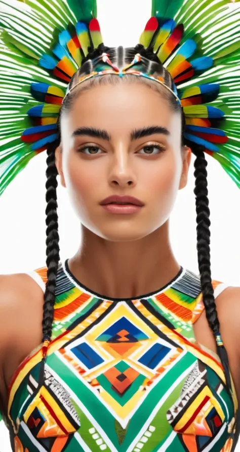 noa kirel face focus, wearing quetzal queen dress looking feathers aztec-inspired vibrant, closeup, centered, facing viewer,  [cartoon, vector art, anime :realistic, real life, hyper realistic:0.15],
cornrows, hyperrealism, maniacal,
masterpiece, beautiful, young, professional, photo, high quality, highres, <lora:noa_kirel_sdxl_1.0:1>