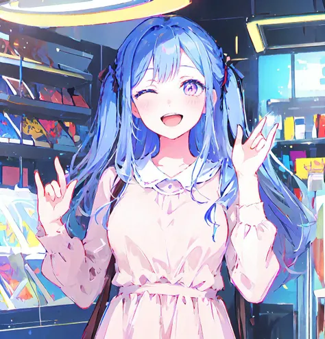 best quality,1girl,solo,wallpaper,artbook,illustration,masterpiece,best quality,comic,ultra-detailed,finely detail,intricate detail,high resolution,<lora:mujica祥å:0.8>,<lora:Pose_NicoNicoNii:1.3>,(\m/double \m/:1.2),
one eye closed,open mouth,looking at viewer,smile,blush,hands,