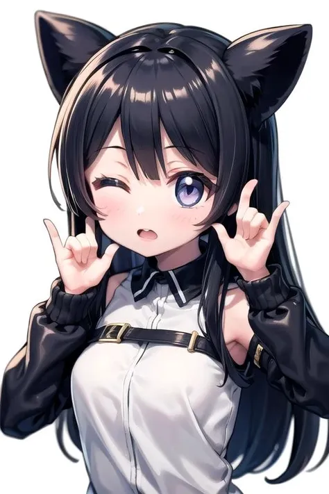 1girl, solo, double \m/, \m/, upper body, looking at viewer, open mouth, one eye closed, white background, simple background <lora:nikonikoni_128:1.0>