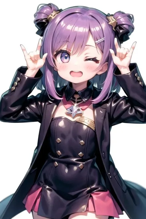 1girl, solo, double \m/, \m/, cowboy shot, looking at viewer, open mouth, one eye closed, white background, simple background <lora:nikonikoni_128:1.0>