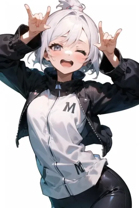 1girl, solo, double \m/, \m/, cowboy shot, looking at viewer, open mouth, one eye closed, white background, simple background <lora:nikonikoni_128:1.0>