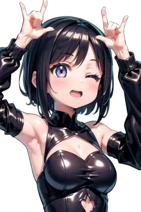 1girl, solo, double \m/, \m/, upper body, looking at viewer, open mouth, one eye closed, white background, simple background <lora:nikonikoni_128:1.0>