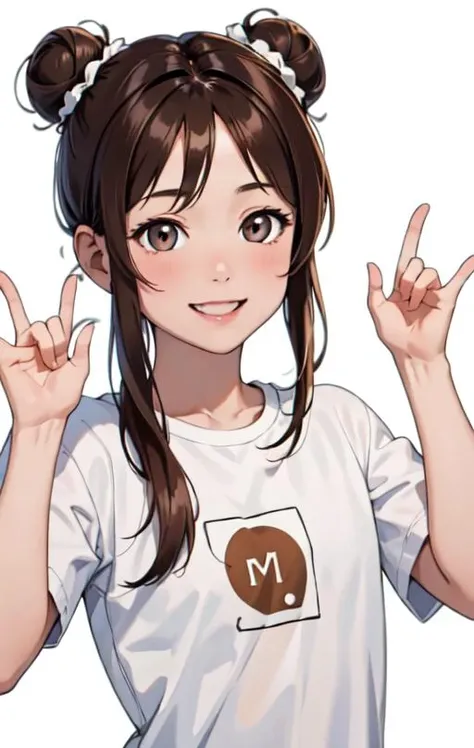 (high quality, best quality, highres, masterpiece:1.1), (double \m/, \m/:1.2), wide smile, white t shirt, double hair buns, long brown hair, both hands up, 1girl, upper body, white background, <lora:nikonikoni_128:1.1>