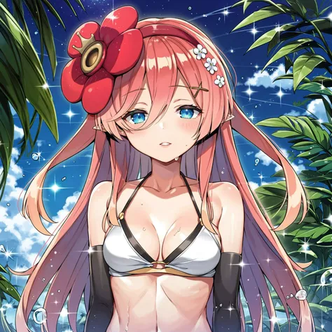 1girl (masterpiece) (highest quality) (shiny hair) (shiny skin), nakano nino, pink hair, hair ribbon, butterfly hair ornament, tsundere, (embarrassed:1.2)(jitome, half closed eyes:1.2), swimsuit, (beach, palm trees), beach, clear water,(blue sky, cumulonimbus),(island),(hibiscus),