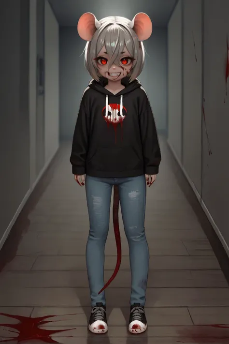 score_9, score_8_up, score_7_up, score_6_up, score_5_up, score_4_up, source_anime, front view, hallway, dark fog, wood floor, blood, horror \(theme\), looking at viewer, hair between eyes, red eyes, grin, wide eyed, insane, blood on face, solo, female, humanoid, mouse humanoid, mouse tail, grey hair, bob cut, hair between eyes, flat chested, black hoodie, denim pants, black sneakers