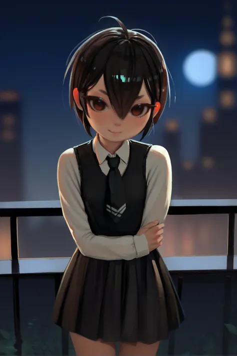 score_9, score_8_up, score_7_up, score_6_up, score_5_up, score_4_up, source_anime, front view, railing, cityscape, night, moon, blurred background, close-up, looking at viewer, brown eyes, light smile, peni parker, solo, female, human, black hair, short hair, hair between eyes, small breasts, black vest, white shirt, black necktie, black skirt