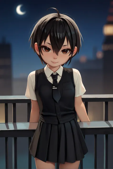 score_9, score_8_up, score_7_up, score_6_up, score_5_up, score_4_up, source_anime, front view, railing, cityscape, night, moon, blurred background, close-up, looking at viewer, brown eyes, light smile, peni parker, solo, female, human, black hair, short hair, hair between eyes, small breasts, black vest, white shirt, black necktie, black skirt