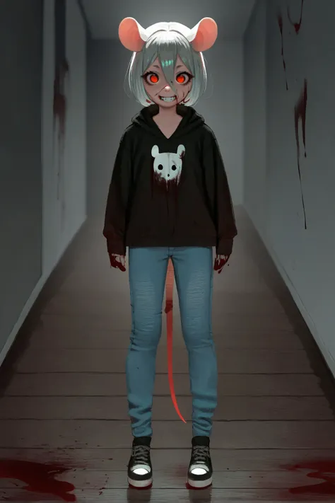score_9, score_8_up, score_7_up, score_6_up, score_5_up, score_4_up, source_anime, front view, hallway, dark fog, wood floor, blood, horror \(theme\), looking at viewer, hair between eyes, red eyes, grin, wide eyed, insane, blood on face, solo, female, humanoid, mouse humanoid, mouse tail, grey hair, bob cut, hair between eyes, flat chested, black hoodie, denim pants, black sneakers