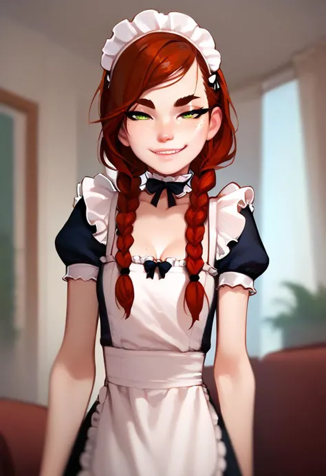 (score_9, score_8_up:1.1), score_7_up, (super skinny:1.2), auburn hair, braids, half-lidded eyes, thick eyebrows, mouth slightly open, smirk, freckles green eyes, maid dress, living room, looking at viewer