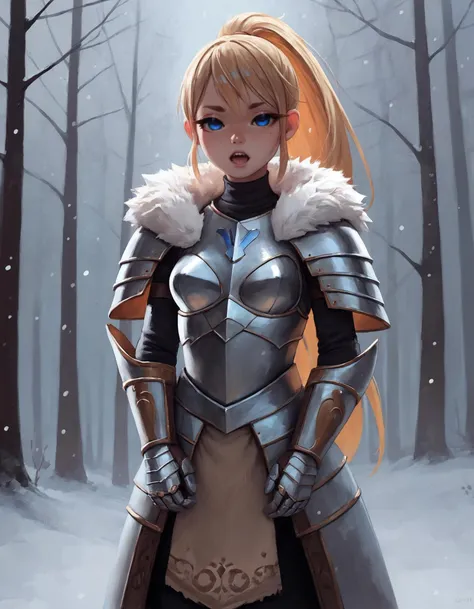 score_9, score_8_up, score_7_up, score_6_up, score_5_up, score_4_up, front view, close-up, overcast, snow, snowing, forest, tree, looking at viewer, blue eyes, blonde hair, open mouth, solo, female, human, long hair, ponytail, medium breasts, full armor, fur trim, fur cape, pauldrons, bracers, standing