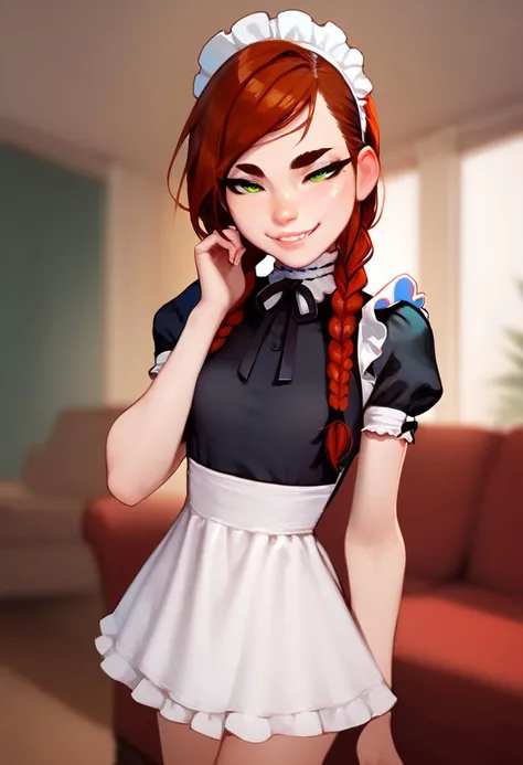 (score_9, score_8_up:1.1), score_7_up, (super skinny:1.2), auburn hair, braids, half-lidded eyes, thick eyebrows, mouth slightly open, smirk, freckles green eyes, maid dress, living room, looking at viewer