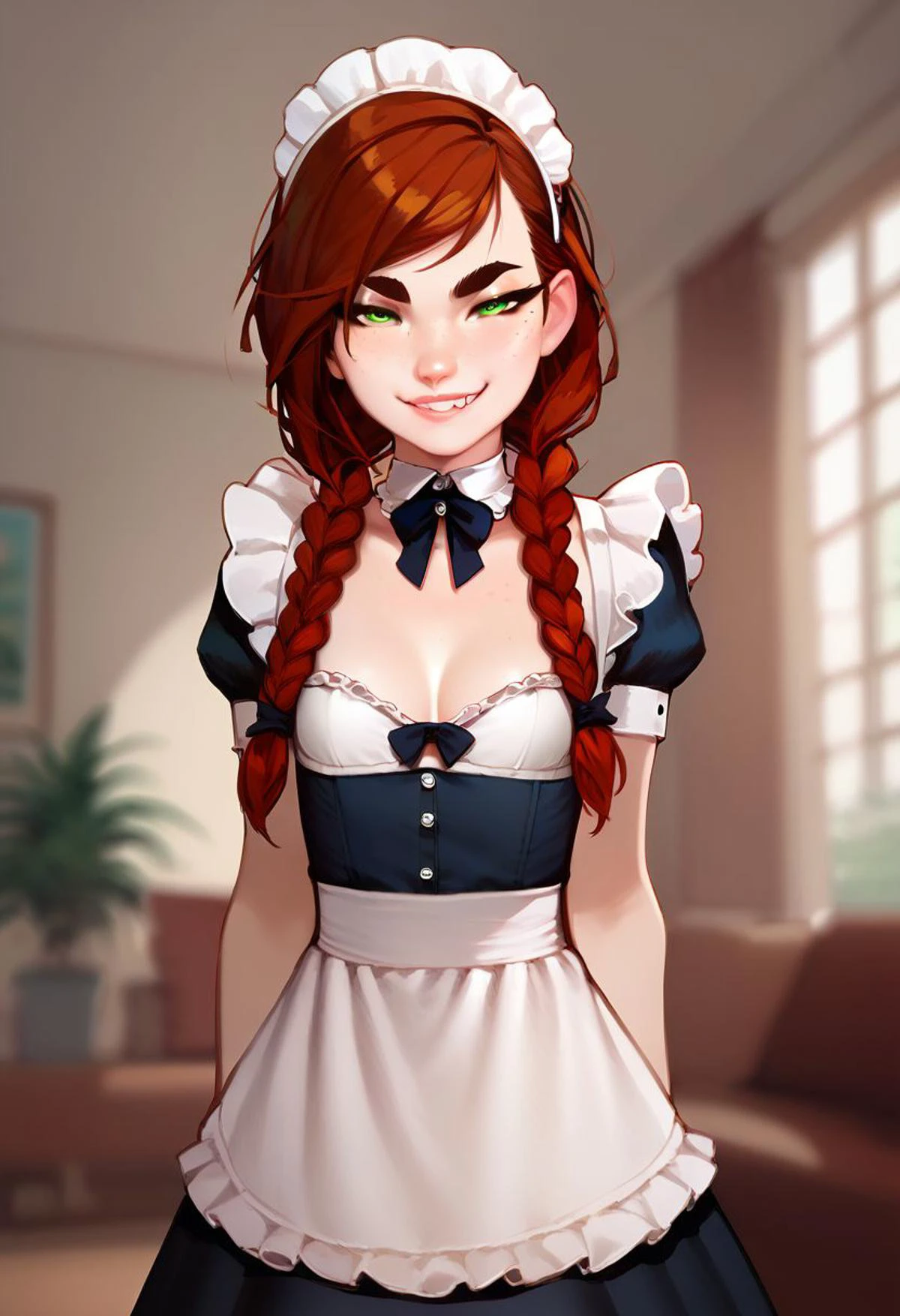 (score_9, score_8_up:1.1), score_7_up, (super skinny:1.2), auburn hair, braids, half-lidded eyes, thick eyebrows, mouth slightly open, smirk, freckles green eyes, maid dress, living room, looking at viewer